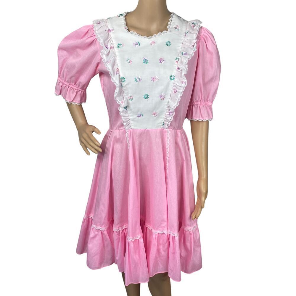 Vintage 60s Jeri Bee Pink Floral Embroidered Square Dance Dress S/M Full Skirt